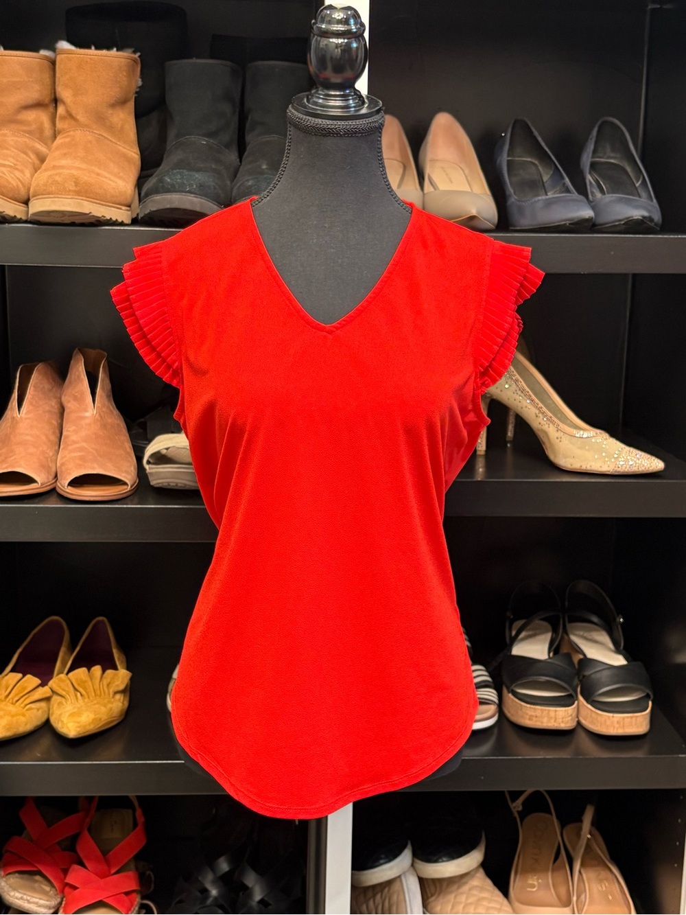 Adrianna Papell Red V-Neck Top with Pleated Cap Sleeves